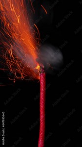 A vertical video of a burning fuse in front of a black background.
