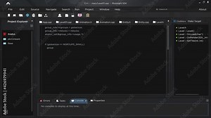 Mock up of user software development app interface with code running on screen, 3D render animation seamless loop, technical software script, coding data and information, html database digital