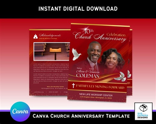 Red & Gold Church Anniversary Program Template: 17x11 Bifold Brochure (canva Digital Download) - Etsy