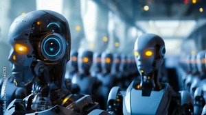 Futuristic Human-Like Robot Leading an Army of Androids at Dawn, Symbolizing the Rise of Artificial Intelligence and Advanced Technology in a High-Tech Setting