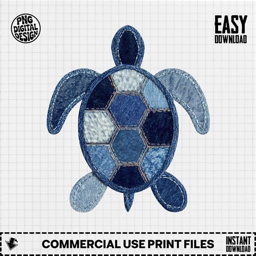 Faux Denim Patchwork Turtle PNG for Sublimation or Printing With a Quilting Pattern Included, Digital Download - Etsy