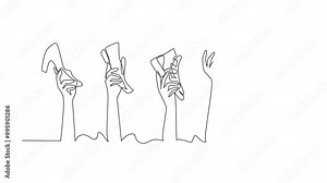 Self drawing animation of single one line drawing five hands raised holding shoes. Telling different needs. Choose and use the one that suits needs. National Shoe The World Day. Full length animated