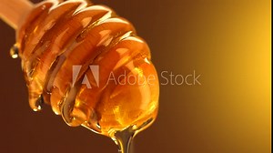 Honey dripping from honey dipper isolated on yellow background. Thick Honey dripping from the wooden honey spoon. 4K UHD video footage. Ultra high definition 3840X2160 Stock Video