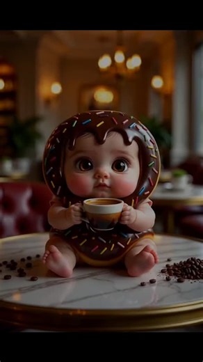 Mr baby Fruit on Instagram: "🎬 Donut Baby Coffee ASMR Drinking Prompt Prompt: A cute baby dressed like a chocolate-glazed donut with colorful sprinkles, sitting on a marble café table inside a warm, elegant coffee shop. The baby has soft chubby cheeks, big glossy eyes, and tiny feet. The donut costume looks shiny and delicious, with dripping chocolate glaze and sprinkles. The baby is holding a small espresso cup filled with hot coffee. Steam gently rises from the cup. Coffee beans and chocolate
