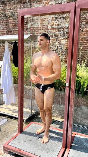 Roberto Portales on Instagram: "I wasn’t expecting a cold shower 🥶 😂 #spa #coldshower #speedo #wellness #swimwear"