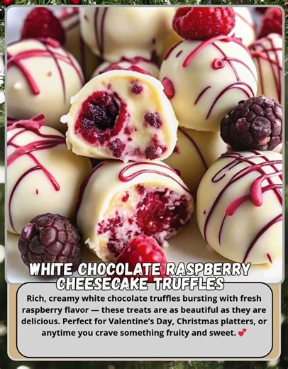 White Chocolate Raspberry Cheesecake Truffles | Creamy, Tart & Coated in Sweet Elegance 🍓🤍 These little truffles are smooth, creamy, and bursting with real raspberry flavor — all wrapped in silky white chocolate and finished with a pretty pink drizzle. They’re gorgeous for holidays, showers, or just a sweet treat that feels extra special! Ingredients: 8 oz cream cheese, softened ¾ cup powdered sugar 1 tsp vanilla extract 1 cup fresh or frozen raspberries (drained if using frozen) 1½ cups crush