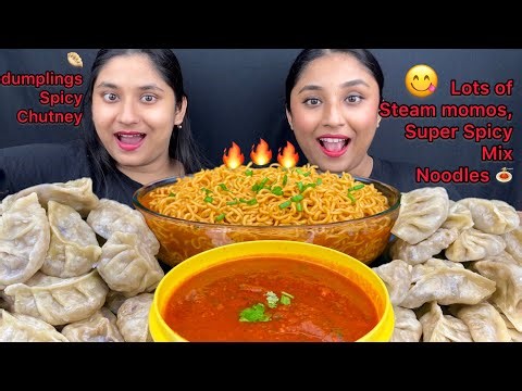 Super spicy🥵Mix Noodles with lots of Momos and Chutney Eating|Spicy Food Eating Challenge