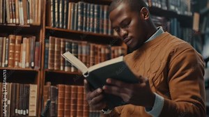Man Reading Book in Classic Library with Ai generated.