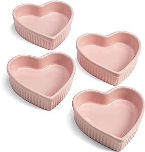 Paris Hilton Heart Shaped Ramekin Set, Mini Ceramic Ramekins, Oven Safe Baking Dishes, Dishwasher Safe, Stoneware Made without PFOA, 4-Piece Set, Pink