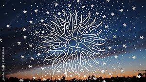 Cartoon sun and stars rotate on a dark blue background of the evening sunset sky. Video clip