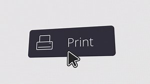 Download cursor clicks print button, printer printing a document or photo image, computer screen effect, motion graphics animation for free