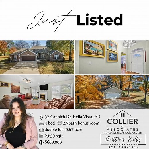 ✨ New Listing in Bella Vista! | 32 Cannich Dr ✨ Brick home on 2 lots with tons of space and incredible features! 🏡 3 Bed | 2.5 Bath • Bonus 2nd living area that can be a 4th bedroom 📐 2,659 sqft 🔥 Cozy gas log fireplace 🍽 Granite counters, breakfast bar, bay window 🎵 Wired for surround sound 🧺 Oversized laundry/utility room 🚗 2-car garage detached 2-car garage with workshop ✨ Storage shed 🌳 Mature trees for Peaceful wooded setting 📍 Minutes to Bella Vista lakes, trails & golf — and a sh