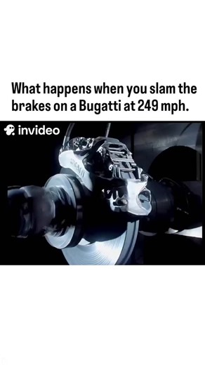 How Do Things Work on Instagram: "Slamming the brakes on a Bugatti at 249 mph (400 km/h) triggers a violent yet highly engineered sequence that stops the car in roughly 9.3 seconds and under 500 meters. The process begins within 0.8 seconds as the active rear wing tilts to a 49- degree angle, acting as a massive air brake that generates nearly 2,000 lbs of downforce to keep the car stable. Mechanically, 3D-printed titanium calipers clamp onto carbon-ceramic discs with such intensity that the rot
