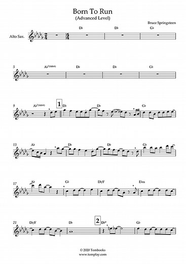 Born To Run (Fortgeschrittene Stufe, Alt-Sax) (Bruce Springsteen) - Noten für Saxophon