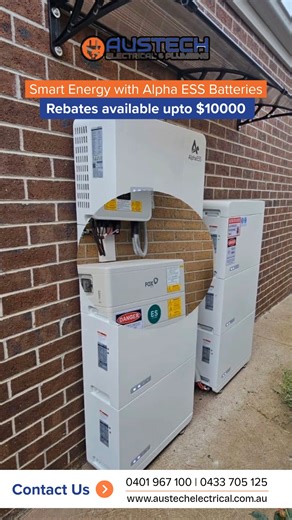 Power your home the smarter way with Alpha ESS Batteries. Store energy, reduce grid reliance, and maximise savings. Built for long-term performance and everyday reliability. A smart upgrade for modern Australian homes. 💡 Rebates available up to $10,000* 📞 Enquire today to check eligibility. #AlphaESS #HomeBattery #SmartEnergy #EnergyStorage #SolarBattery #CleanEnergyAustralia #EnergySavings #SmartHomeAustralia #EnergyRebates | Austech Electrical & Plumbing Services