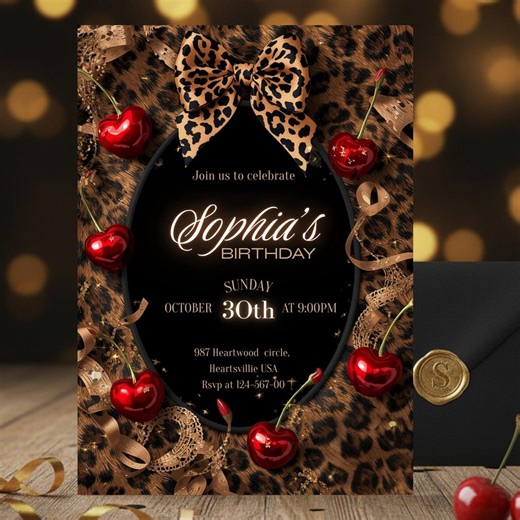 Leopard Print Birthday Invitation, Cherry & Black Bow Party Invite, Glam Coquette Birthday, Editable Canva Template - Etsy
