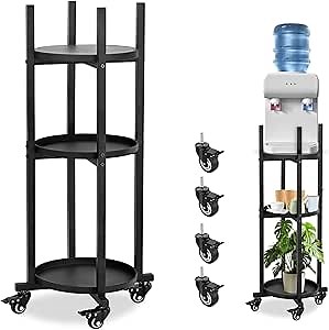 Water Dispenser Stand with Wheels, Beauty Star 1-5 Gallon Water Jug Holder with Plant Stand, Drink Dispenser Floor Rack with 3 Round Shelfs for Berkey Water Filter, Ceramic Crock Water Dispenser