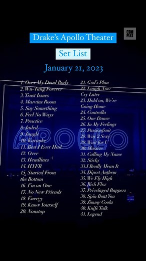Complex Music on Instagram: "Not to be dramatic but this might be the greatest set list of all time… LINK IN BIO FOR PLAYLIST of Drake’s @siriusxm concert at the Apollo "