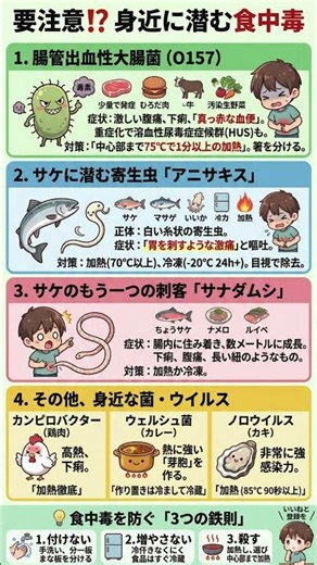 【警告】その一口が激痛を招く？身近な食中毒の原因と対策を徹底図解！｜O157・アニサキスからカレーの落とし穴まで「3つの鉄則」で命を守る