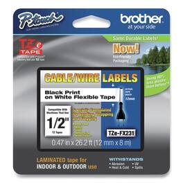 Brother P Touch TZEFX231 0.47 in. x 26.2 ft. Flexible ID Tape Black on White TZEFX231