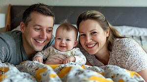 Happy family sharing joyful moments with their baby on a cozy bed in a warm and inviting bedroom during a sunny afternoon