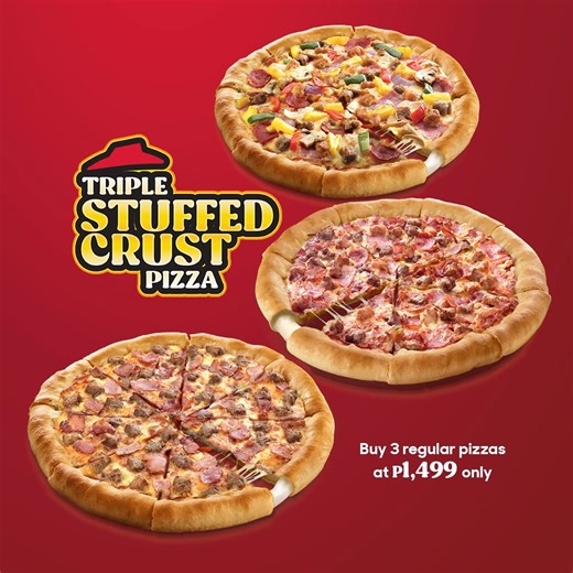 Cheese Stuffed Crust overload alert! 🧀🧀🧀 Get 3 Regular Cheese Stuffed Crust Pizza for only P1499! Craving more? Try our FavePair 4 for P829 or FavePair 7 & 8 for P1179 only. Check out the Fan Faves category in GrabFood for more! 💚💚💚 Satisfy your cravings and show your love by ordering at Pizza Hut via GrabFood this Fan Faves season! Let’s make this a cheesy victory together! 🍕🏆 #CheeseStuffedCrust #GrabFoodFanFaves | Pizza Hut