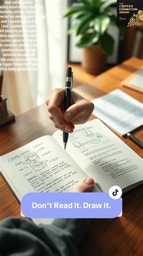 If you’re a visual learner… this is your cheat code 👇” Plumbing is a VISUAL trade. You’re always imagining where pipes run and how components connect. So why are you revising by just staring at text? Use Dual Coding: ✅ words ✅ diagrams at the same time. Example for an open-vented hot water system: Don’t just read it… DRAW it. Start with the cold water storage in the loft → feed pipe down to the cylinder → hot outlet to the taps → open vent rising back up. When you combine words and pictures, yo