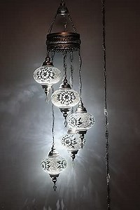 Asylove Turkish Pendant Lamp, Chandelier Moroccan Hanging Lamp Mosaic Ceiling Lighting, 50 inch Height, Docorative Authentic Lamp (White)