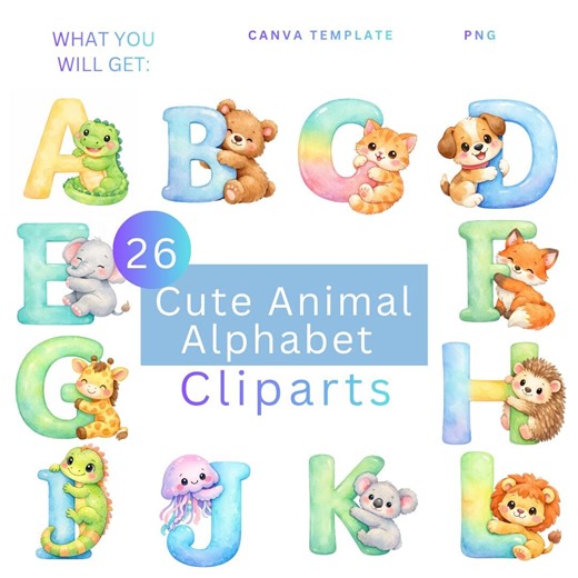 Cute Animals Alphabet Clipart PNG – Whimsical Animal ABC Letters, Nursery Alphabet, Kids Learning Printable, Watercolor Animal Letters - Etsy