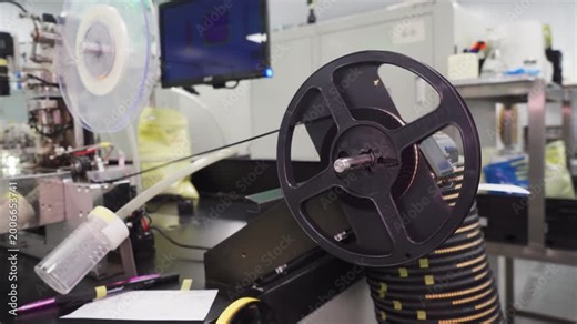 LED strip production. LED strip reel rotates and winds the finished strip at coil. Interior of LED strip production facility. Manufacturing equipment. The workflow of an automated, unmanned factory.