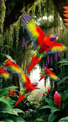 A rainforest canopy alive with blossoms, rainbow parrots gliding overhead, soft marimba tones