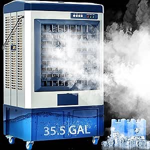 AKIRES 8979CFM Portable Swamp Cooler Air Conditioner,57IN Air Cooler for 1730Sq.ft of Space,with Continuous Auto Fill,36-Gal Water Tank,120°Oscillation,5 Ice Packs,Cooling Fan for Outdoor,Garage
