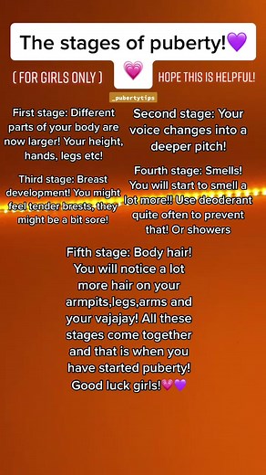 Stages of puberty! Once these stages are completed you have a officially started puberty! #foroyuoage #fyp #puberty #girlsonly #_pubertytips