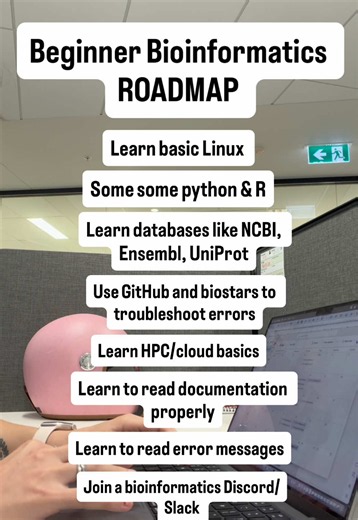 If I had to learn bioinformatics from scratch, this is the roadmap I’d use. Nothing crazy or fancy. Just starting with the basics. You don’t need to memorise a whole language to start in bioinformatics. Save so you know where to start for your bioinformatic journey #bioinformatics #rnaseq #pythonprogramming #datascienceeducation