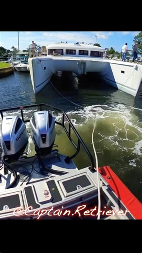 52K views · 617 reactions | Tight move on a big catamaran. We moved it out of the Chapman canal in Stuart Florida in tandem, but with no room for error. I just bridled it from the front, and the other captain set up as a push boat from the stern. The only reason I don’t set up tighter to it is I lack maneuverability, sometimes I need to reverse & pivot. #captainretriever #catamaran #chapman #captain #tow #tight #canal #docking #boating #professional #boatus | Captain Retriever | Facebook