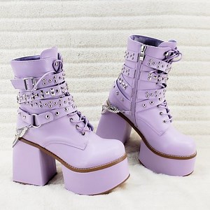 Ice Stomper Lilac Drape Chain Stud Strap Punk Platform Block Heel Ankle Boots