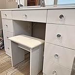 VOWNER Vanity with Lighted Mirror - Makeup Vanity Desk with Power Outlet and 9 Drawers, 3 Color Lighting Modes Adjustable Brightness, 43" Vanity Table with Soft Cushioned Stool for Bedroom, Marble