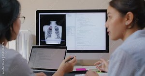 Big data AI coding screen for asian future health care smart tech IT solution. Asia team woman people code analyst job work on science project Lung X-ray scanner medtech tools meeting talk at office.