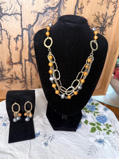 Vintage Premier Designs Necklace & Earrings Set – Gold Tone Link Chain With Champagne and Gray Faux Pearls – 1990s Statement Jewelry - Etsy