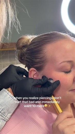 BELLA REFFIT- OHIO FINE LINE TATTOOS & PIERCINGS on Instagram: "When you realize that piercings don’t hurt that bad and immediately want 10 more🤪✨ Piercings can be scary, the thought of the unknown is what scares people the most! But I promise I make them quick and as comfortable as possible! #piercings #piercingideas #earrings #earpiercing #piercingvideos La Bella Salon Piercing my ears Ear piercing ideas Ohio professional Piercer"