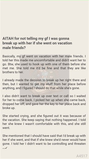 AITAH for not telling my gf I was gonna break up with her if she went   on vacation male friends? | AITA Diaries Collective | Facebook