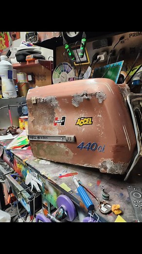 4 comments | Threw some patina logos and pinstriping on this belvedere quarter panel cut out to add to the 440ci that was done before. #kustomkulture #automotiveart #handpainted #pinstriping #lettering #patina | Keegan's Kolour Studio | Facebook