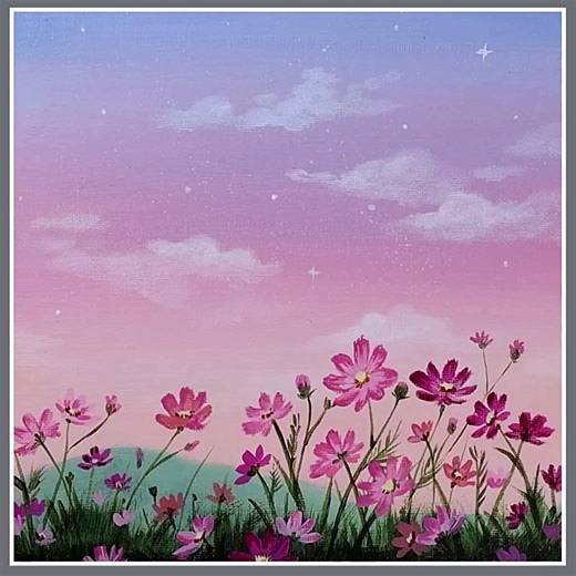 18K views · 481 reactions | acrylic painting cosmos flower color used : light blue violet, light potrait pink, magenta, yellow, rose pink, whit, red, hooker's green canvas : 20cm x 20cm #acrylicpainting #artwork #painting #landscapepainting | El Drawing Arts | Facebook