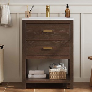 DELUXE DL LIVING Magen 25 in. Single Sink Bath Vanity in Walnut with White Engineered Solid Surface Top and 2 Drawers (Unassembled) DLV24030KD24WT