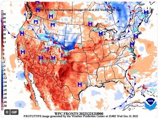A video showing the surface low pressure system, associated fronts, and shaded 3 hour temperature change. | US National Weather Service Sioux Falls South Dakota