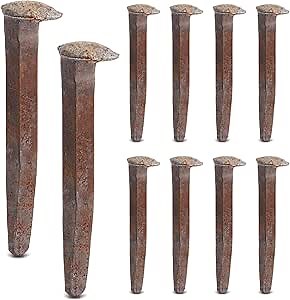 Yinkin 10 Pcs Railroad Spike Bulk Carbon Steel Rail Road Spike Metal Railroad Ties Blacksmithing Gift with Rusting Patina Pitting for Knife Forging Art DIY Project Collector(4.72 Inch,Rust Red)