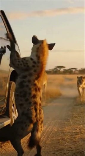Baby hyena paws the window when lionesses take away its mother 😢🦁