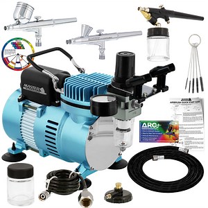 Master Airbrush Cool Runner II Airbrush Kit with Dual Fan Air Compressor, 3 Airbrushes, Cleaning Brushes, Holder, Color Mixing Wheel & How-To Air Brush Manual, Gravity & Siphon Feed
