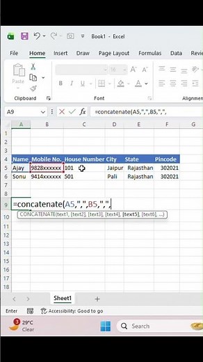 Excel Concatenate Formula | Combine Text From Multiple Cells in Cell #shorts #excel #concatenate