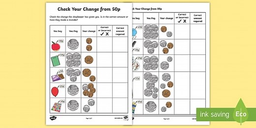 Check Your Change From 50p Worksheet